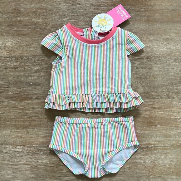 RuffleButts Rainbow Seersucker Sleeve Ruffle 2 Piece Swimsuit 6-12 12-18 months - Picture 1 of 10